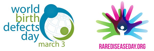 World birth defects day logo and Rare Disease Day logo